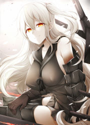 Rule 34 | 10s, 1girl, abyssal ship, aircraft carrier oni, armor, armored boots, bare shoulders, black dress, black gloves, boots, breasts, colored skin, dress, covered erect nipples, gauntlets, gloves, kantai collection, large breasts, long hair, looking at viewer, machinery, one side up, orange eyes, rui shi (rayze ray), sailor dress, short dress, sitting, smile, solo, thigh boots, thighhighs, very long hair, white hair, white skin, zettai ryouiki