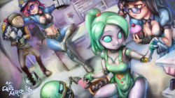 Rule 34 | 1boy, 3girls, android, apron, between breasts, blitzcrank, blue eyes, boots, breasts, caitlyn (league of legends), cleavage, convenience store, crop top, cupcake, food, gauntlets, hat, highres, league of legends, long hair, medium breasts, midriff, multiple girls, navel, no pupils, officer caitlyn, officer vi, orianna (league of legends), parted lips, phantom ix row, pink hair, police, police uniform, robot, shop, short hair, solid eyes, sunglasses, translation request, uniform, vi (league of legends)