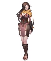 Rule 34 | 1girl, arm guards, armor, breasts, brown eyes, brown hair, cleavage, feet, female focus, fire emblem, fire emblem fates, fire emblem heroes, full body, greaves, hair over one eye, hand on own hip, highres, japanese clothes, kagero (fire emblem), lack, large breasts, long hair, ninja, nintendo, no socks, official art, sandals, scarf, solo, standing, toes, transparent background