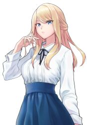 Rule 34 | 1girl, black ribbon, blonde hair, blue eyes, blue skirt, breasts, half updo, highres, large breasts, long hair, long sleeves, looking at viewer, original, ribbon, scowl, shirt, simple background, skirt, solo, swept bangs, uso ashio, white background, white shirt