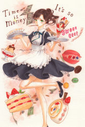 Rule 34 | 1girl, apron, balancing, black footwear, blue ribbon, blueberry, breasts, brown hair, cake, cake slice, coin, colored pencil (medium), commentary request, english text, fingernails, food, food in mouth, frilled apron, frills, fruit, green eyes, highres, holding, holding plate, ice cream, looking at viewer, macaron, maid, maid apron, marker (medium), money, nail polish, neck ribbon, original, pink macaron, pink nails, plate, pocky, pocky in mouth, puddle, puffy short sleeves, puffy sleeves, raspberry, ribbon, san&#039;nomiya, short hair, short sleeves, small breasts, solo, sparkle, standing, standing on one leg, strawberry, strawberry shortcake, sundae, sweets, swiss roll, traditional media, underbust, waist apron, white apron
