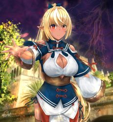 Rule 34 | 1girl, absurdres, bare shoulders, blonde hair, blush, breasts, cleavage, cleavage cutout, closed mouth, clothing cutout, dark-skinned female, dark skin, elf, hair ribbon, highres, hololive, large breasts, long hair, looking at viewer, nakura haru, outdoors, pointy ears, ponytail, red eyes, ribbon, shiranui flare, shiranui flare (old design), shoulder cutout, signature, solo, standing, tree, virtual youtuber
