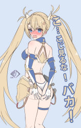 Rule 34 | 1girl, absurdres, anger vein, angry, ass, blonde hair, blue eyes, blue gloves, blush, bradamante (fate), braid, breasts, covering privates, covering ass, deep skin, elbow gloves, embarrassed, fang, fate/grand order, fate (series), french braid, from behind, full-face blush, gloves, gradient background, hair between eyes, highres, large breasts, long hair, looking at viewer, looking back, open mouth, revealing clothes, skindentation, solo, thong, translation request, twintails, z.m.
