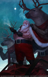 Rule 34 | 1boy, adjusting clothes, adjusting gloves, antlers, beard, cape, facial hair, fat, fat man, gloves, highres, holding, horns, in-hyuk lee, male focus, night, night sky, original, reindeer, reins, santa claus, signature, sky, sleigh, smoke, smoking pipe, solo, star (sky), starry sky, topless male, white hair