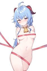 Rule 34 | 1girl, absurdres, ahoge, arched back, arms behind back, bdsm, bell, blue hair, blush, bondage, bound, breasts, collarbone, cowbell, cowboy shot, ganyu (genshin impact), genshin impact, goat horns, highres, horns, long hair, looking at viewer, low ponytail, medium breasts, naked ribbon, navel, obam, purple eyes, red ribbon, ribbon, simple background, solo, white background