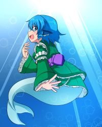 Rule 34 | 1girl, :d, blue eyes, blue hair, blush, bubble, drill hair, fins, fish tail, green kimono, head fins, japanese clothes, jpeg artifacts, kimono, long sleeves, looking at viewer, matching hair/eyes, mermaid, monster girl, obi, one-hour drawing challenge, open mouth, profile, sash, short hair, sideways mouth, smile, solo, sumiya nadateru, sunlight, tail, touhou, twin drills, underwater, wakasagihime, wide sleeves