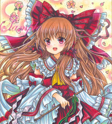 Rule 34 | 1girl, :d, ascot, blush, bow, brown hair, cherry blossom print, cherry blossoms, cowboy shot, detached sleeves, dot nose, dress, floral background, floral print, flower, frilled bow, frilled dress, frilled hair tubes, frilled shirt collar, frilled sleeves, frills, gohei, green ribbon, hair bow, hair tubes, hakurei reimu, holding, long hair, looking at viewer, marker (medium), nontraditional miko, open mouth, petals, print bow, red bow, red dress, red eyes, red ribbon, ribbon, rui (sugar3), sample watermark, sidelocks, smile, solo, standing, touhou, traditional media, watermark, white sleeves, yellow background