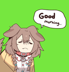 Rule 34 | 1girl, :&lt;, absurdres, animal ears, bags under eyes, braid, brown hair, closed eyes, cocomayo29 (tomato), collar, commentary request, dog ears, dog girl, dog tail, english text, fang, good morning, green background, hair between eyes, highres, hololive, inugami korone, inugami korone (1st costume), jacket, korean commentary, messy hair, red collar, simple background, solo, tail, twin braids, virtual youtuber, yellow jacket