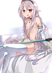 Rule 34 | 1girl, :q, akatoro (nightlord), braid, bridal gauntlets, censored, choker, convenient censoring, cross, cross necklace, flat chest, grey hair, hair censor, jewelry, crossed legs, licking lips, long hair, lots of jewelry, navel, necklace, noel (sennen sensou aigis), nude, open mouth, pointy ears, red eyes, rosary, sennen sensou aigis, smile, solo, staff, thighhighs, tongue, tongue out, very long hair