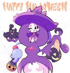 Rule 34 | :d, alternate color, artsy-rc, basket, candy, commentary, creatures (company), english commentary, food, game freak, gen 6 pokemon, gen 8 pokemon, gourgeist, halloween bucket, happy halloween, hatterene, highres, holding, holding basket, jack-o&#039;-lantern, looking at viewer, nintendo, one eye closed, open mouth, pokemon, pokemon (creature), pumpkaboo, shiny pokemon, signature, smile