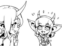 Rule 34 | 2girls, :d, alternate ears, alternate form, blush, character request, check character, clenched hands, flying sweatdrops, gloves, grey background, greyscale, hand up, hands up, happy, horns, league of legends, lillia (league of legends), long hair, looking at another, monochrome, multiple girls, navel, open mouth, phantom ix row, pointy ears, simple background, single horn, smile, soraka (league of legends), tail, teeth, upper teeth only, yordle