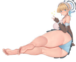 Rule 34 | 1girl, ass, back, back focus, barefoot, blonde hair, blue archive, blue eyes, blue panties, blue ribbon, breasts, bun cover, feet, fingerless gloves, gloves, halo, halter leotard, halterneck, harness, highres, large breasts, legs, leotard, lying, maid headdress, on side, panties, ribbon, short hair, soles, solo, taiko3000cc, toes, toki (blue archive), two-tone leotard, underwear, v, white background