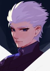 Rule 34 | 1boy, blue eyes, closed mouth, devil may cry (series), hair slicked back, highres, jacket, looking at viewer, male focus, portrait, purple hair, purple jacket, short hair, solo, vergil (devil may cry), vergil mon