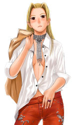 Rule 34 | blonde hair, highres, long hair, mimura kaoru, navel, no bra, open clothes, open shirt, original, shirt, solo