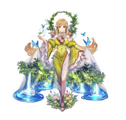 Rule 34 | 1girl, absurdres, animal, bird, blonde hair, blue eyes, breasts, bug, butterfly, closed mouth, commentary request, dress, fire emblem, fire emblem heroes, flower, full body, grass, green dress, hair ornament, highres, insect, long hair, looking at viewer, medium breasts, nijihayashi, nintendo, official art, puffy sleeves, simple background, smile, solo, standing, toeless footwear, toes, turtleneck, water, water drop, white background, wide sleeves, ymir (fire emblem heroes)