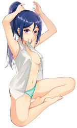 Rule 34 | 10s, 1girl, aqua panties, arms up, bare legs, barefoot, blue hair, blush, breasts, cleavage, high ponytail, highres, indian style, long hair, looking at viewer, love live!, love live! sunshine!!, matsuura kanan, mouth hold, nanotsuki, navel, open clothes, open shirt, panties, ponytail, purple hair, shirt, sidelocks, simple background, sitting, smile, solo, tying hair, underwear, white background