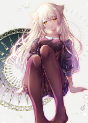Rule 34 | 1girl, alternate color, animal ear fluff, animal ears, bare shoulders, black pantyhose, black shirt, breasts, cat ears, chest jewel, collarbone, commentary request, core crystal (xenoblade), grey hair, head tilt, highres, invisible chair, jacket, long hair, looking at viewer, medium breasts, mio (xenoblade), no shoes, off shoulder, open clothes, open jacket, pantyhose, pleated skirt, purple jacket, purple skirt, shirt, sitting, skirt, solo, swept bangs, ui frara, xenoblade chronicles (series), xenoblade chronicles 3, yellow eyes