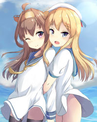 Rule 34 | 10s, 2girls, :d, ;), aged down, ahoge, beret, black legwear, blue eyes, blue sky, blush, brown hair, closed mouth, cloud, color1087, cowboy shot, day, hat, highres, iowa (kancolle), kantai collection, kongou (kancolle), long hair, multiple girls, neckerchief, no pants, ocean, one eye closed, open mouth, outdoors, puffy short sleeves, puffy sleeves, shirt, short sleeves, sky, smile, standing, star (symbol), thighhighs, very long hair, water, white hat, white shirt