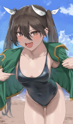 Rule 34 | 1girl, :d, absurdres, beach, black one-piece swimsuit, blue sky, blush, breasts, brown eyes, brown hair, cloud, cloudy sky, collarbone, commentary, covered navel, cowboy shot, day, fang, gluteal fold, green jacket, hair between eyes, hair ribbon, highleg, highleg swimsuit, highres, jacket, kantai collection, leaning forward, long hair, looking at viewer, medium breasts, ocean, one-piece swimsuit, open clothes, open jacket, open mouth, outdoors, ribbon, ryudraw, signature, skin fang, skin tight, sky, smile, solo, standing, swimsuit, symbol-only commentary, thighs, tone (kancolle), twintails, white ribbon