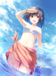 Rule 34 | 1girl, :d, ahoge, armpits, bangle, bare arms, bare shoulders, bikini, bikini top only, black hair, blue sky, bracelet, breasts, cloud, cloudy sky, collarbone, contrail, day, fang, front-tie bikini top, front-tie top, hand up, highres, innertube, jewelry, leyte, looking at viewer, medium breasts, navel, open mouth, outdoors, pointy ears, red eyes, sarong, shameimaru aya, short hair, sidelocks, sky, smile, solo, standing, sunlight, swim ring, swimsuit, teeth, touhou, transparent, upper teeth only, wading, water, white bikini