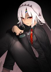 Rule 34 | 1girl, altera (fate), black background, black jacket, black nails, black pants, business suit, commentary, dark-skinned female, dark skin, eyewear in mouth, unworn eyewear, fate/grand order, fate (series), feet out of frame, fingernails, formal, from side, glasses, headband, holding, holding removed eyewear, i-pan, jacket, long sleeves, looking at viewer, looking to the side, mouth hold, nail polish, necktie, pant suit, pants, pinstripe pattern, pinstripe suit, red eyes, red necktie, short hair, sitting, solo, striped, suit, veil, white hair