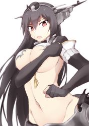 Rule 34 | 10s, 1girl, bad id, bad twitter id, between breasts, black hair, breasts, collar, covering privates, covering breasts, elbow gloves, gloves, hair between eyes, headgear, kantai collection, large breasts, long hair, looking at viewer, metal belt, nagato (kancolle), nagato kai ni (kancolle), navel, open mouth, red eyes, shigino sohuzi, simple background, solo, torn clothes, underboob, upper body, white background