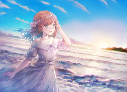 Rule 34 | 1girl, :d, arm up, bare shoulders, blue eyes, blue sky, brown hair, cloud, collarbone, commentary request, day, dress, flower, hair flower, hair ornament, highres, long hair, looking away, niwako, ocean, off shoulder, open mouth, original, outdoors, puffy short sleeves, puffy sleeves, short sleeves, sky, smile, solo, tank top, water, waves, white dress, white flower, white tank top