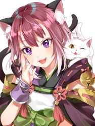 Rule 34 | 1girl, :3, :d, ;3, animal, animal ear fluff, animal ears, animal on shoulder, bad id, bad twitter id, bell, cat, cat ears, cat on shoulder, cat tail, commentary request, detached sleeves, fang, hand on own cheek, hand on own face, ito22oji, japanese clothes, jingle bell, kimono, looking at viewer, obi, one eye closed, open mouth, princess connect!, purple eyes, purple hair, ribbon trim, sash, short hair, slit pupils, smile, solo, tail, tamaki (princess connect!), tassel, upper body, white background, white cat, wrist cuffs