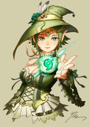 Rule 34 | artist name, bow, breasts, brown background, choker, commentary request, corset, detached sleeves, elf, fantasy, flower, frilled choker, frilled shirt, frilled sleeves, frills, green bow, green corset, green eyes, green hair, green hat, green nails, hat, hat feather, hat flower, highres, jeweled hat, magatama, magic, magic: the gathering, medium breasts, medium hair, original, pink lips, pointy ears, shirt, signature, simple background, tiara, tricorne, unpopin