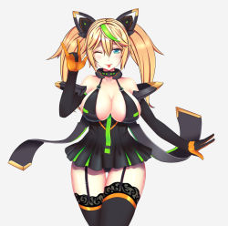 Rule 34 | 1girl, :p, absurdres, aqua eyes, bare shoulders, black gloves, black thighhighs, blonde hair, blue eyes, breasts, elbow gloves, garter straps, gene (pso2), gloves, green hair, grey background, hair between eyes, highres, ichiki (seedsam), large breasts, long hair, looking at viewer, m/, multicolored hair, phantasy star, phantasy star online 2, simple background, solo, thigh gap, thighhighs, tongue, tongue out, twintails