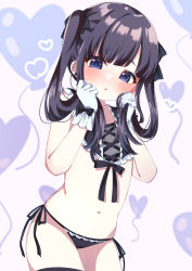 Rule 34 | 1girl, balloon, bare shoulders, bikini, black bikini, black bow, black hair, black thighhighs, blue eyes, blush, bow, commentary request, frilled bikini, frills, gloves, hair bow, hands up, heart balloon, highres, holding, holding hair, long hair, looking at viewer, navel, original, parted lips, purple background, side-tie bikini bottom, solo, suzu (minagi), swimsuit, thighhighs, twintails, white gloves