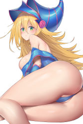 Rule 34 | 1girl, ass, bare shoulders, blonde hair, blue hat, blush, blush stickers, breasts, commentary request, dark magician girl, duel monster, from side, green eyes, hair between eyes, hat, highres, large breasts, long hair, looking at viewer, looking back, mahou kyuuri, off shoulder, partially visible vulva, sideboob, simple background, solo, thighs, white background, wizard hat, yu-gi-oh!