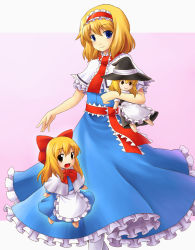 Rule 34 | 1girl, :&gt;, alice margatroid, apron, blonde hair, blue eyes, character doll, doll, female focus, hairband, hat, kirisame marisa, long hair, nemou, shanghai doll, short hair, solo, touhou, witch, witch hat, yellow eyes