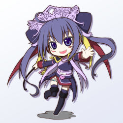 Rule 34 | 1girl, black thighhighs, chibi, crown, female focus, full body, japanese clothes, jewelry, long hair, open mouth, purple eyes, purple hair, sangokushi taisen, simple background, smile, solo, suzu (greed-cube), thighhighs, touhaku, twintails