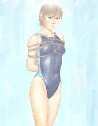 Rule 34 | 1girl, arms behind back, bdsm, bondage, bound, breasts, brown eyes, brown hair, covered navel, female focus, most body, nariyuki yasuda, one-piece swimsuit, rope, short hair, solo, source request, swimsuit