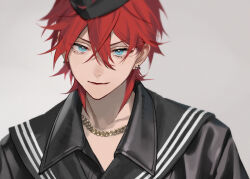 Rule 34 | 1boy, amagi rinne, blue eyes, chain, chain necklace, closed mouth, collar, collarbone, earrings, ensemble stars!, eyokiki, grey background, hair between eyes, hat, jewelry, male focus, necklace, red hair, short hair, simple background, smile