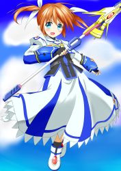 Rule 34 | 1girl, absurdres, aqua eyes, blush, brown hair, cloud, dat4147, day, dress, fingerless gloves, gloves, hair ribbon, highres, long sleeves, lyrical nanoha, magical girl, mahou shoujo lyrical nanoha, mahou shoujo lyrical nanoha a&#039;s, mahou shoujo lyrical nanoha the movie 2nd a&#039;s, open mouth, puffy sleeves, raising heart, raising heart (exelion mode) (2nd), ribbon, short twintails, sky, solo, takamachi nanoha, takamachi nanoha (exelion mode), twintails