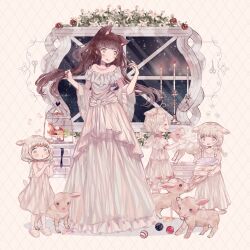 Rule 34 | 4girls, absurdres, animal, animal ears, ball, biting, blush, braid, brown hair, bug, cake, candelabra, candlestand, cherry, child, closed eyes, closed mouth, cream, drawer, dress, flower, food, frilled dress, frills, fruit, full body, grapes, grey eyes, grey hair, grimm&#039;s fairy tales, height difference, highres, holding, holding animal, holding hair, holding towel, insect, kiwi (fruit), kiwi slice, ladybug, lamb, leaf, long dress, long hair, looking at animal, looking at hand, looking away, low twintails, multiple girls, multiple views, night, night sky, open mouth, original, personification, rhombus background, scissors, sheep, sheep ears, sheep girl, short hair, short sleeves, sky, sleeveless, sleeveless dress, smile, spaghetti strap, standing, strawberry, supika, table, tiered tray, tongue, tongue out, towel, twin braids, twintails, white background, white dress, white flower, white footwear, white hair, white theme, white towel, window, wolf ears, wolf girl