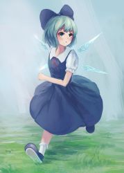 Rule 34 | 1girl, blue bow, blue eyes, blue hair, blush, bow, cirno, fjsmu, full body, hair bow, highres, ice, ice wings, looking away, parted lips, short hair, short sleeves, solo, touhou, wings