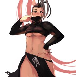 Rule 34 | 1girl, 6maker, absurdres, antenna hair, black sweater, bow skirt, breasts, cropped sweater, grabbing another&#039;s hair, grey eyes, hand on own hip, high ponytail, highres, ibuki (street fighter), long hair, looking at viewer, medium breasts, navel, no bra, no panties, pelvic curtain, revealing clothes, solo, street fighter, sweater, thighs, toned, turtleneck, turtleneck sweater, underboob, very long hair