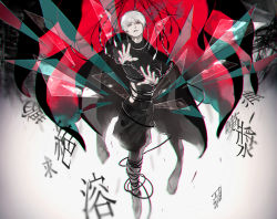 Rule 34 | 1boy, black background, black jacket, black sclera, black shirt, black skirt, chain, colored sclera, commentary request, covered collarbone, full body, glowing, glowing eye, gradient background, grey background, grey eyes, hands up, heterochromia, highres, jacket, kagune (tokyo ghoul), kaneki ken, koujima shikasa, long sleeves, looking at viewer, male focus, open clothes, open jacket, parted lips, red background, red eyes, shirt, short hair, skirt, solo, tokyo ghoul, translation request, white hair