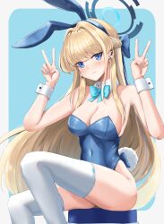 Rule 34 | 1girl, absurdres, animal ears, blonde hair, blue archive, blue eyes, blue hairband, blue leotard, border, bow, bowtie, breasts, cleavage, closed mouth, covered navel, detached collar, double v, ear piercing, earpiece, fake animal ears, hairband, halo, highleg, highleg leotard, highres, jozahar, large breasts, leotard, long hair, looking at viewer, microphone, official alternate costume, official alternate hairstyle, piercing, playboy bunny, rabbit ears, sitting, solo, thighhighs, thighs, toki (blue archive), toki (bunny) (blue archive), v, very long hair, white border, white thighhighs, wrist cuffs