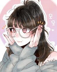 Rule 34 | 1girl, 7 (milu577610), animification, black hair, blush, character name, chinese commentary, glasses, grey sweater, hands on eyewear, heart, highres, k-pop, korean text, long sleeves, looking ahead, momo (twice), off shoulder, pink eyes, pink nails, portrait, real life, solo, sweater, twice (group)