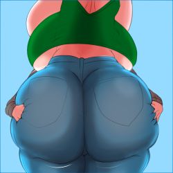 Rule 34 | 2girls, ass, ass grab, backboob, blue background, breasts, creatures (company), curvy, denim, fladdykin, game freak, gloria (pokemon), highres, huge ass, huge breasts, jeans, multiple girls, nintendo, pants, pokemon, pokemon swsh, size difference, sonia (pokemon), straddling, thick thighs, thighs, wide hips, yuri