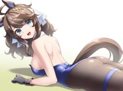 Rule 34 | 1girl, ahoge, animal ears, ass, black gloves, black pantyhose, blue eyes, blue leotard, breasts, brown hair, commentary, cowboy shot, daring tact (umamusume), gloves, highres, horse ears, horse girl, horse tail, large breasts, leotard, long hair, lying, medium breasts, medium hair, nontraditional playboy bunny, on stomach, pantyhose, pataneet, simple background, solo, strapless, strapless leotard, tail, umamusume, white background