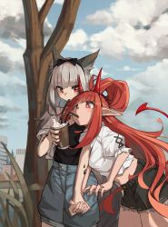 Rule 34 | 2girls, absurdres, animal ears, arknights, bare tree, black shirt, black shorts, blue shorts, blue sky, city, cloud, cloudy sky, cowboy shot, cup, demon girl, demon horns, demon tail, drinking straw, drinking straw in mouth, fox ears, fox girl, frostleaf (arknights), highres, holding, holding cup, holding hands, horns, long hair, material growth, midriff, multiple girls, oripathy lesion (arknights), outdoors, pointy ears, ponytail, red eyes, shirt, short sleeves, shorts, sidelocks, sky, tail, togekk0, tree, very long hair, vigna (arknights), white shirt, yuri