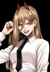Rule 34 | + +, 1girl, black background, black necktie, blonde hair, chainsaw man, collared shirt, cross-shaped pupils, fingernails, hand up, highres, horns, hoshi san 3, long hair, long sleeves, looking at viewer, nail polish, necktie, open mouth, power (chainsaw man), red nails, shirt, simple background, smile, solo, symbol-shaped pupils, upper body, white shirt, wing collar