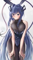 Rule 34 | 1girl, absurdly long hair, absurdres, anchor ornament, animal ears, aqua nails, azur lane, bare shoulders, black leotard, bodystocking, breasts, cleavage, fake animal ears, highleg, highleg leotard, highres, large breasts, leaning forward, leotard, long hair, looking at viewer, nail polish, new jersey (azur lane), new jersey (exhilarating steps!) (azur lane), noviceeeeeeee, official alternate costume, playboy bunny, purple eyes, purple hair, rabbit ears, see-through, see-through cleavage, simple background, skin tight, smile, solo, standing, strapless, strapless leotard, very long hair, white background