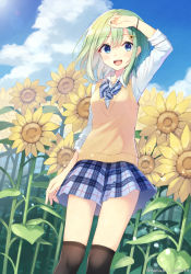 Rule 34 | 1girl, :d, arm up, bad id, bad pixiv id, black thighhighs, blue eyes, blush, bow, bowtie, bracelet, cloud, collared shirt, day, dutch angle, flower, green hair, hair flower, hair ornament, hairclip, jewelry, looking at viewer, medium hair, miniskirt, open mouth, original, outdoors, over-kneehighs, plaid, plaid skirt, plant, pleated skirt, school uniform, shirai tanuki, shirt, skirt, sleeves rolled up, smile, solo, striped, striped bow, sunflower, sunlight, sweater vest, takeda emi, thighhighs, twitter username, white shirt, wind, zettai ryouiki