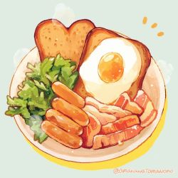 Rule 34 | amakawa tamawo, bacon, blue background, bread slice, food, food focus, fried egg, fried egg on toast, original, plate, salad, sausage, simple background, steam, still life, toast, twitter username
